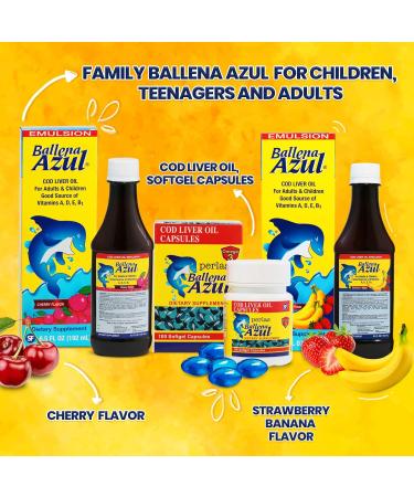 Ballena Azul Aceite de H gado de Bacalao para Adultos y Ni os COD Liver Oil for Adults and Children Source of Vitamins A D E B1 Dietary Supplement Omega 3 Inmune System Boost(Strawberry Banana) - Buy Online on GoSupps.com