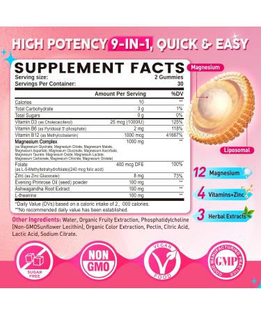 12-in-1 Magnesium Complex Gummies for Women 1000mg Liposomal Magnesium Glycinate Citrate Malate Oxide Supplement with D3 Methylated B6&12 Zinc for Relax Sleep Bone Muscle Health Vegan 60 Chews - Buy Online on GoSupps.com