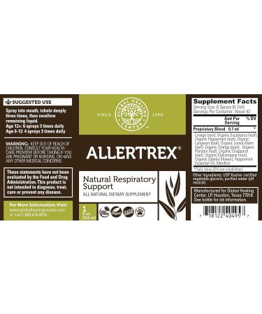 Global Healing Allertrex - Natural Herbal Lung and Respiratory Spray - Organic Blend with Eucalyptus, Peppermint, Lemon Balm - 1 Fl oz - Buy Online on GoSupps.com