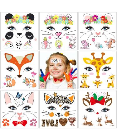 Animal Temporary Face Tattoos Kit for Kids 8 Sheets Fake Temporary Face Paint Tattoos for Kids Boys Girls Party Bag Filler  Skin Safe Tattoos Sticker Birthday Party Supplies Favors Halloween Makeup