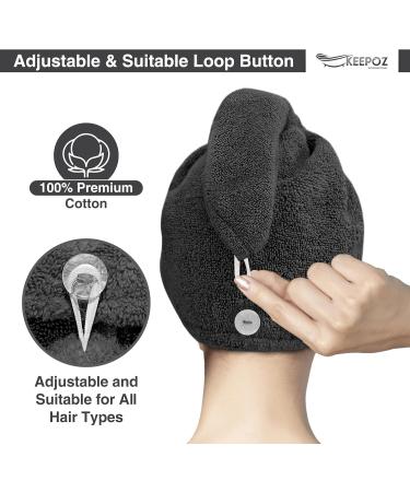 KEEPOZ Zero Twist 100% Cotton Hair Towel Wrap - Rapid Drying Terrycloth Turban for Long & Thick Hair | Anti-Frizz Hair Towel with Button & Elastic Strap - Grey - Buy Online on GoSupps.com