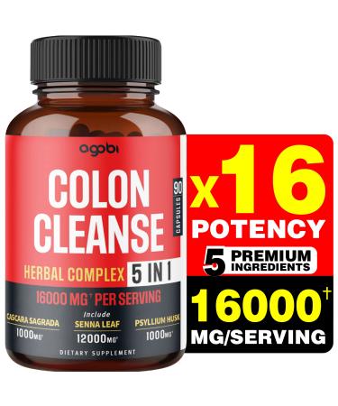 Colon Cleanse Support Supplement - 5in1 Formula 16000mg with Senna Leaf Cascara Sagrada Bark Psyllium Husk Flaxseed & Aloe Vera Gel - Gluten-Free Non-GMO - 90 Vegan Capsules