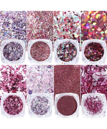 Gzmayuen 16Pcs Holographic Nail Glitter Powder Set - Chunky Sequin Flakes for Stunning Nail Art - Pink Violet Red - Buy Online on GoSupps.com