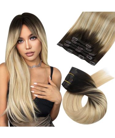 Moresoo Hair Extensions Clip in Real Hair Blonde and Brown Clip in Human Hair Extensions Balayage Double Weft Clip in Extensions 20 Inch 7 Pcs/120g #2/27/613 50 cm #2/27/613