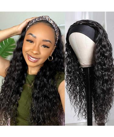 Headband Wig Curly Headband Wigs for Black Women Synthetic Water Wave Headband Wigs Wet and Wavy Wigs with Headbands Attached Glueless Black Half Wig 150% Density for Daily Use (26 Inch) 26 Inch (Pack of 1) Black