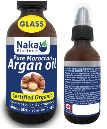 Naka Platinum Pure Moroccan Argan Oil Certified Organic Cold Pressed + UV Protected For Hair Skin and Nails Made in Canada (50+10ml FREE)
