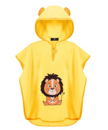 Laynenburg Premium bathing poncho children with hood - 100% cotton - Oeko Tex - Baby young girls towel poncho froteee 3-5 years yellow - lion