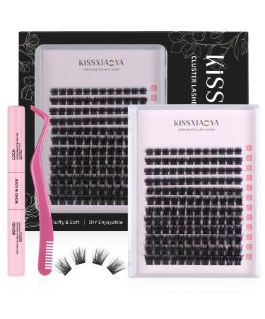 DIY Cluster Eyelash Extensions Kit with Lash Bond & Seal and Applicator 144 Pcs 0.10mm 56D 9-15mm Mixed Wide-stem Cluster Lash Individual Lashes Kit at Home 1 count (Pack of 1) 144P Eyelash Kit