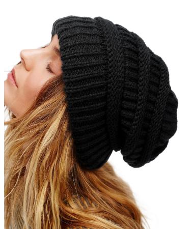 Womens Satin Lined Winter Beanie Hats Cable Knit Beanie for Men Silk Lining Thick Chunky Cap Soft Slouchy Warm Hat Black