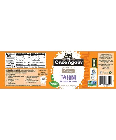 Once Again Natural Sesame Tahini - 16 oz Jar (Salt Free, Unsweetened) - Buy Online on GoSupps.com