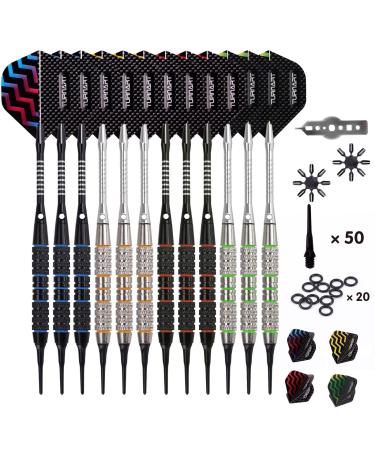 Darts Plastic Tip - Professional Soft Tip Darts Set for Electronic Dartboard 12 Pcs 18 Grams with 50 Extra Tips 24 Flights 2 Flight Protctors and Tool Kit Gift Darts New