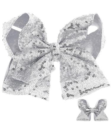 Sibba 8 Inch Sequin Hair Bow Clip for Girls and Women - Silver Glitter Oversized Barrette for Pigtail Hairstyles - Sweet Accessory - Buy Online on GoSupps.com