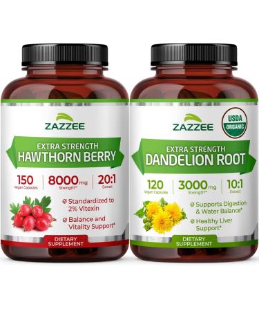 Zazzee Herbal CardioVascu Support Bundle | 10:1 Organic Dandelion Root Capsules & 20:1 Extra Strength Hawthorn Berry Capsules | Non-GMO Vegan & ISO Lab Tested