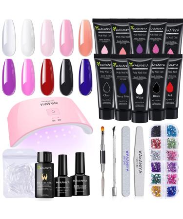 Poly Gel Nail Kit with UV Lamp, 10 Poli Gel Colors Quick Nail Extension Gel Set with Rhinestone, Base Top Coat, Slip Solution, Nail Forms, Complete Poly Gel Starter Kit for DIY Manicure All Season Colors - Pink Purple Blue