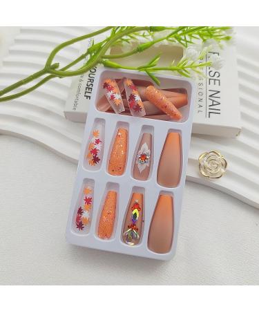 Coffin Press on Nails - Long Orange Glitter Acrylic Nails with Maple Leaves & Diamond Charms | 24Pcs Fall False Nails for Women - Buy Online on GoSupps.com