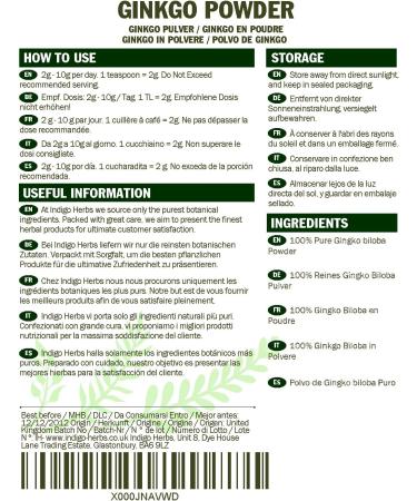 Indigo Herbs Ginkgo Leaf Powder 100g - Vegan & GMO Free | Ginkgo Biloba Supplement - Buy Online on GoSupps.com