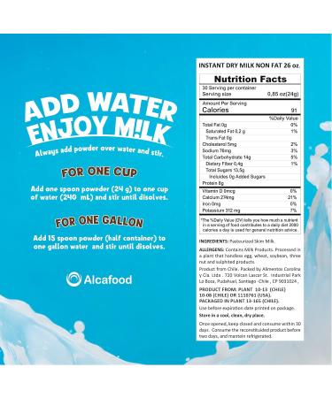 Alcafood Premium 26 oz Non-Fat Instant Dry Milk Powder - Pack of 2 | Easy to Prepare, Just Add Water | Delicious Taste, Resealable Packaging | 1.62 lb - Buy Online on GoSupps.com