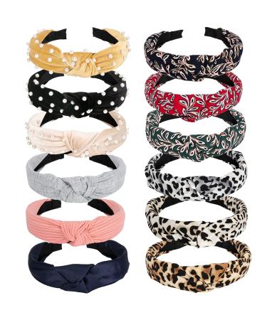 Allucho Headbands for Women 12 Pack Knotted Headbands Wide Fashion Headbands Top Knot Hair Bands for Women's Turban Hairband Leopard Print Cheetah Headband Hair Accessories for Women and Girls 12 Colors