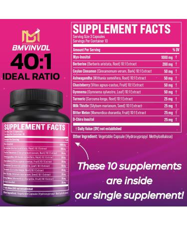 BMVINVOL Inositol Supplement - Myo-Inositol and D-Chiro Inositol Ideal 40:1 Ratio - Plus Berberine Cinnamon Ashwagandha + 5 More - 30 Capsules - Buy Online on GoSupps.com