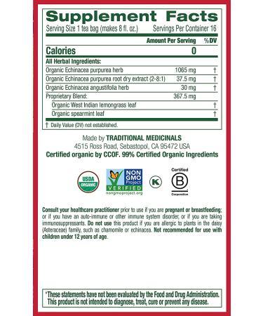 Organic Echinacea Plus Tea - Caffeine Free, 16 Wrapped Bags | Traditional Medicinals - Buy Online on GoSupps.com