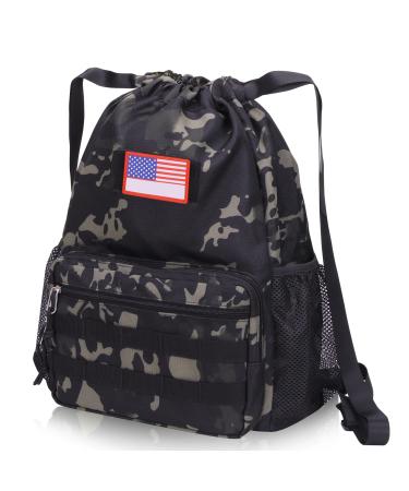 ATRIPACK Tactical Drawstring Backpack Water-Resistant Swim Bag String Bag Sandproof Beach Backbag American Flag Cinch Sack Bookbag for Men Women Boys Girls Basketball Swim Gym Sports(Black Camo