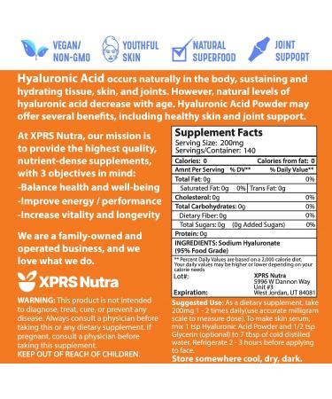 XPRS Nutra Hyaluronic Acid Powder - 14g Pure DIY Serum for Face & Skin - Food & Cosmetic Grade - 1oz - Buy Online on GoSupps.com