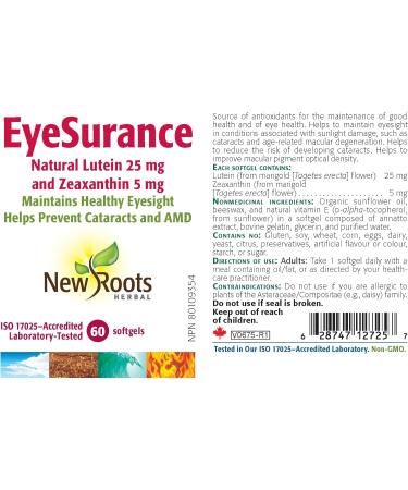 New Roots Herbal - EyeSurance 60 Softgels - Helps to Maintain Eyesight and Support Eye health in Conditions Such as Cataracts and Age-Related Macular Degeneration 60 count (Pack of 1) - Buy Online on GoSupps.com