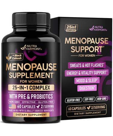 Menopause Supplements for Women - Dong Quai Black Cohosh Pre & Probiotics - Sweats & Hot Flashes Relief - Digestion Sleep & Mood Support - 25-in-1 Perimenopause Complex - Made in USA - 60 Capsules 60 Count (Pack of 1)
