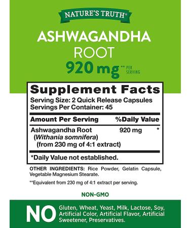 Nature's Truth Ashwagandha Capsules 920mg - 90 Count | Non-GMO & Gluten Free Supplement - Buy Online on GoSupps.com