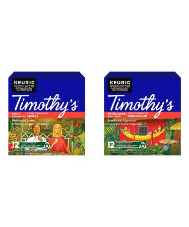 Timothy's Breakfast Blend and Rainforest Espresso Single Serve Keurig Certified K-Cup pods for Keurig brewers