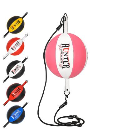 HUNTER Double End Speed Ball Bag Cowhide Leather Boxing Floor to Ceiling Rope MMA Training Muay Thai Punching Dodge Striking... White & Pink
