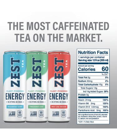 Zest Plant Powered Natural Energy Drink Variety Pack - 150mg Caffeine + 100mg L-Theanine - 12oz Can, 12 Pack - Low Sugar, 60 Calories - Healthy Coffee Substitute - Non GMO Assorted Flavors - Buy Online on GoSupps.com