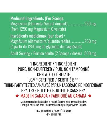 Magnesium Glycinate Powder 250 g - Pure Chelated Bisglycinate Supplement for Good Health and Sleep - 250 mg Elemental Magnesium Scoop up to 500 mg Daily for Men and Women - Made in Canada - Nutritionn - Buy Online on GoSupps.com