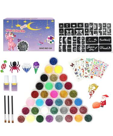 Glitter Tattoo Kit  Temporary Tattoo for Kids Christmas- 36 Colors Glitter  135 Tattoo Stencils  Unique Rhinestones and Mermaid Tattoo Body Make up for Girls Teenager Adult  Gifts for Birthday Party Cosplay Carnival