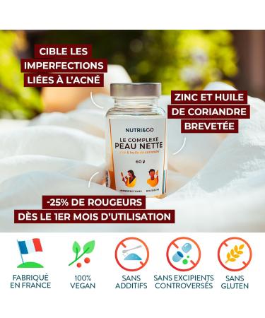 NUTRI & CO Nette Skin - Bio-Active Zinc Gluconate + Chia Oil and Patented Coriander - Target Imperfections & Acne - Acne Food Supplement - 60 Vegan Capsules - Made in France - Buy Online on GoSupps.com