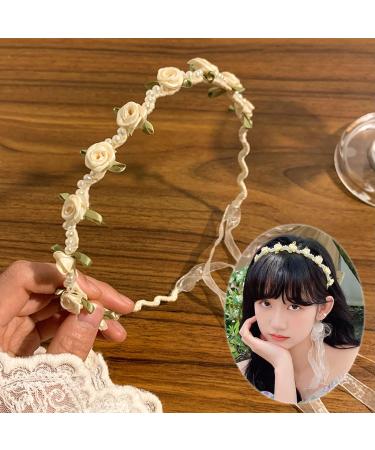 Bride Headband White Rose Pearl Hair Bands Bridal Wedding Elastic Padded Headbands with Ribbon Bridesmaid Elegant Tiara Hair Accessories for Women & Girls Thin Non-slip Hairband