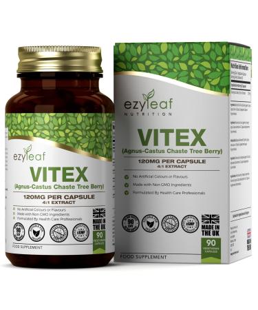 Ezyleaf Vitex Agnus Castus (Chasteberry) 120mg per Serving | 4:1 Extract Concentrate | 90 Vegan Capsules | Chaste Berry Supplement to Support Womens Health | Non GMO Gluten Allergen & Dairy Free
