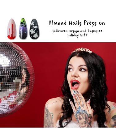 Vivid Stella Luminous Almond Tips - 72pcs Black Skull Nail Art for Halloween | Full Cover Spirit Fingernail Decor for Women - Buy Online on GoSupps.com