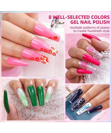 Morovan Stamping Nail Polish Gel Set - 8 Colors with Large Capacity Stamper Kit and 12 Pcs Nail Stamping Templates - Includes Liquid Latex and Storage Bag - Buy Online on GoSupps.com