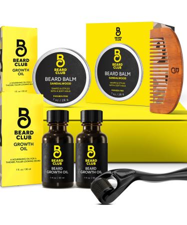 The Beard Club Beard Growth Kit - Derma Roller Beard Growth Oil (2PK) Sandalwood Beard Balm Beard Comb - Gift Set - Core Plus
