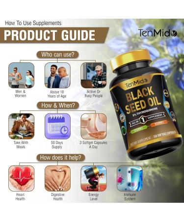 Tenmido Black Seed Oil Capsules Supplement - 4in1 Formula - Combine with Vitamin C Vitamin E - Digestive Health Immune Support - Rich in Nutrient - 150 Softgel Capsules - Buy Online on GoSupps.com