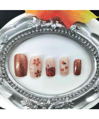 Halloween Press On Nails - Short Square Cute Ghost Flower Pumpkin Glitter - 24 Pcs Glossy Acrylic Stick On Nails for Women & Girls - Buy Online on GoSupps.com
