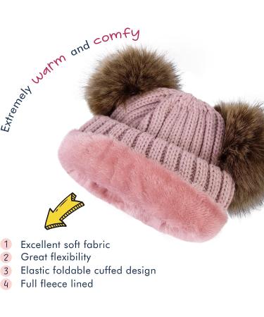 Simplicity Warm Kids Winter Hat with Pompom Ears - Pink Plush Lined Beanie for Boys and Girls - Buy Online on GoSupps.com