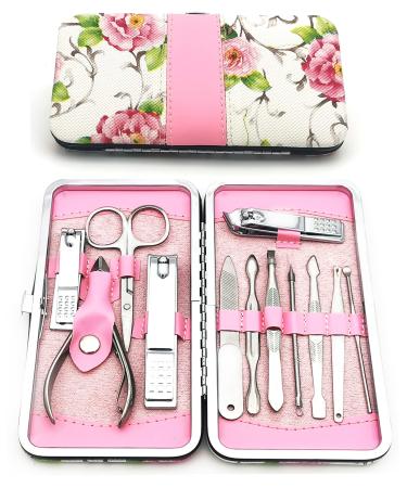 Alibuy Manicure Pedicure Set 12 in 1 Nail Clippers Cuticle Cutters Stainless Steel Professional Toenail Clippers Nail Scissors Grooming Kit for Men Women with Travel Case Rose Flower