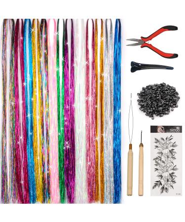 SYGY Hair Tinsel Kit, 13 Colors Tinsel Hair Extensions for Women Girls, Fairy Hair Tinsel Heat Resistant Glitter Sparkling Shiny Colorful Synthetic Hair 2400 Strands 40 Inches for Halloween Cosplay Christmas New Year Party 13 Colors with 1 set tools