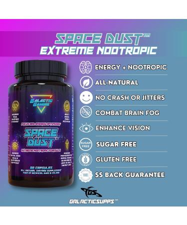 Space Dust - All-Natural Nootropic for Focus & Energy | 60 Capsules | Boost Memory Motivation & Cognitive Function with Teacrine Caffeine & Amino Acids | International Shipping Available - Buy Online on GoSupps.com