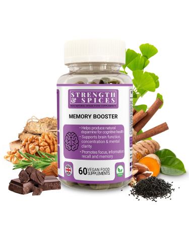 Strength & Spices Memory Booster and Focus Supplement with Ginkgo Biloba and 22 Super Ingredients Plant-Based Brain Supplement for Improved Mood Clarity and Alertness 1000mg 60 Capsules Jar