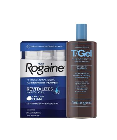 Men's Rogaine 5% Minoxidil Topical Hair Loss and Regrowth Foam, 3-Month Supply+Neutrogena T/Gel Original Therapeutic Shampoo,Flaky Scalp Due to Psoriasis & Seborrheic Dermatitis, 16 fl. Oz Men's Rogaine Foam Treatment (3-M