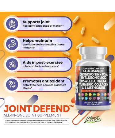 Clean Nutraceuticals Glucosamine Chondroitin MSM 1500mg with Turmeric Curcumin Collagen Hyaluronic Acid Omega 3 Joint Health Supplement for Men & Women Joint Complex 120 Count - Buy Online on GoSupps.com
