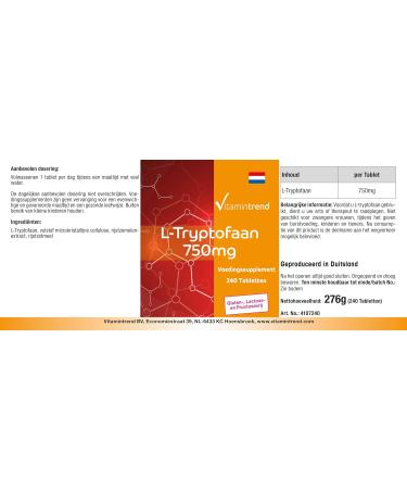  Vitamintrend L-Tryptophan 750mg - 240 tablets - vegan - high dosage | Vitamintrend  - Buy Online on GoSupps.com